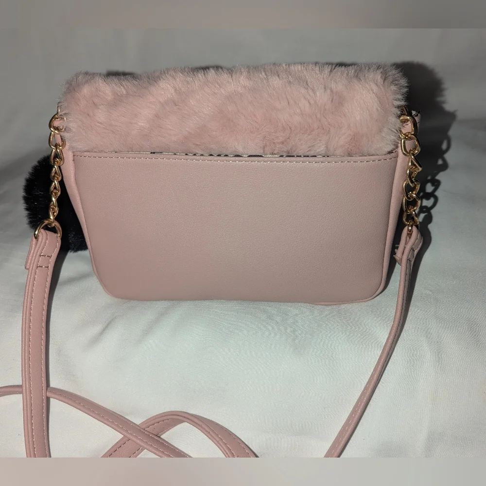 Juicy Couture Pink Faux Fur Crossbody Bag with Crown Emblem And Pom Pom Keychain